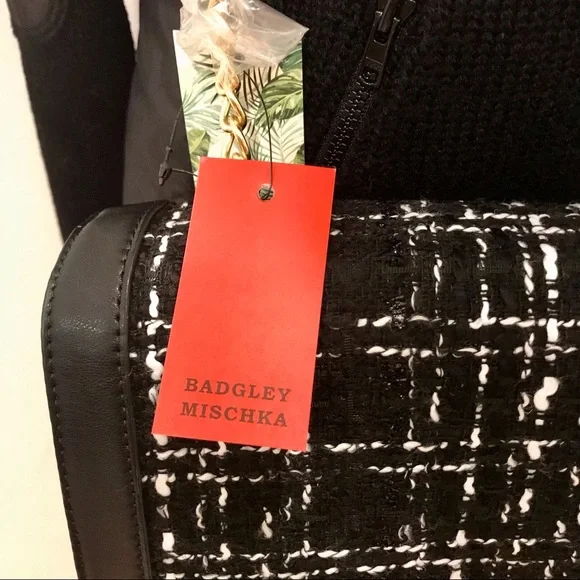 Badgley Mishka black & white tweed, vegan leather and yellow metal crossbody bag - Picture 11 of 14
